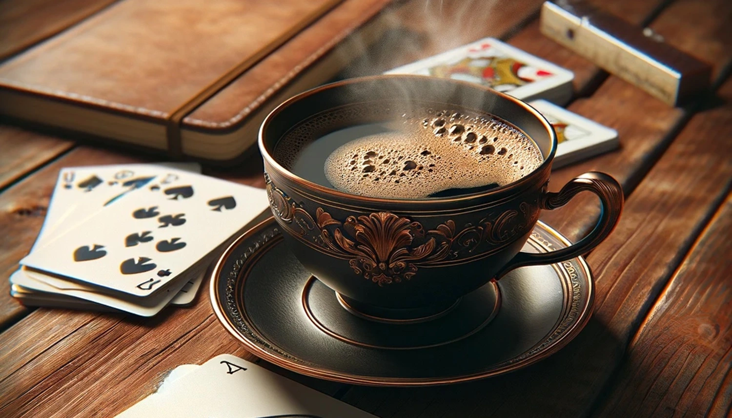 A cup of steaming coffee on a wooden table, some playing cards, and a notebook