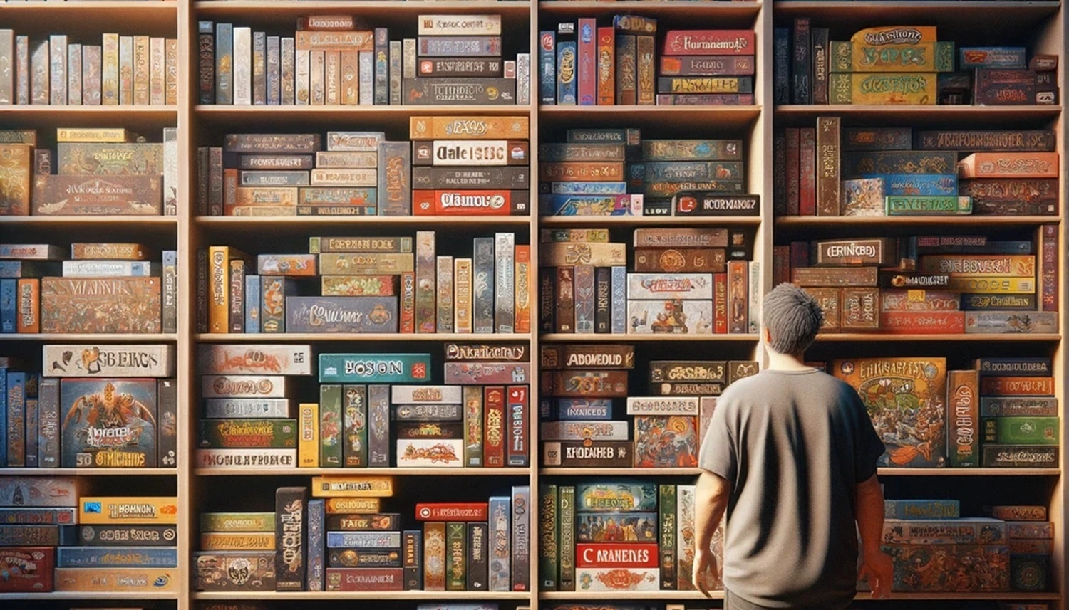Bookshelves filled with boardgames, one man is browsing the shelves
